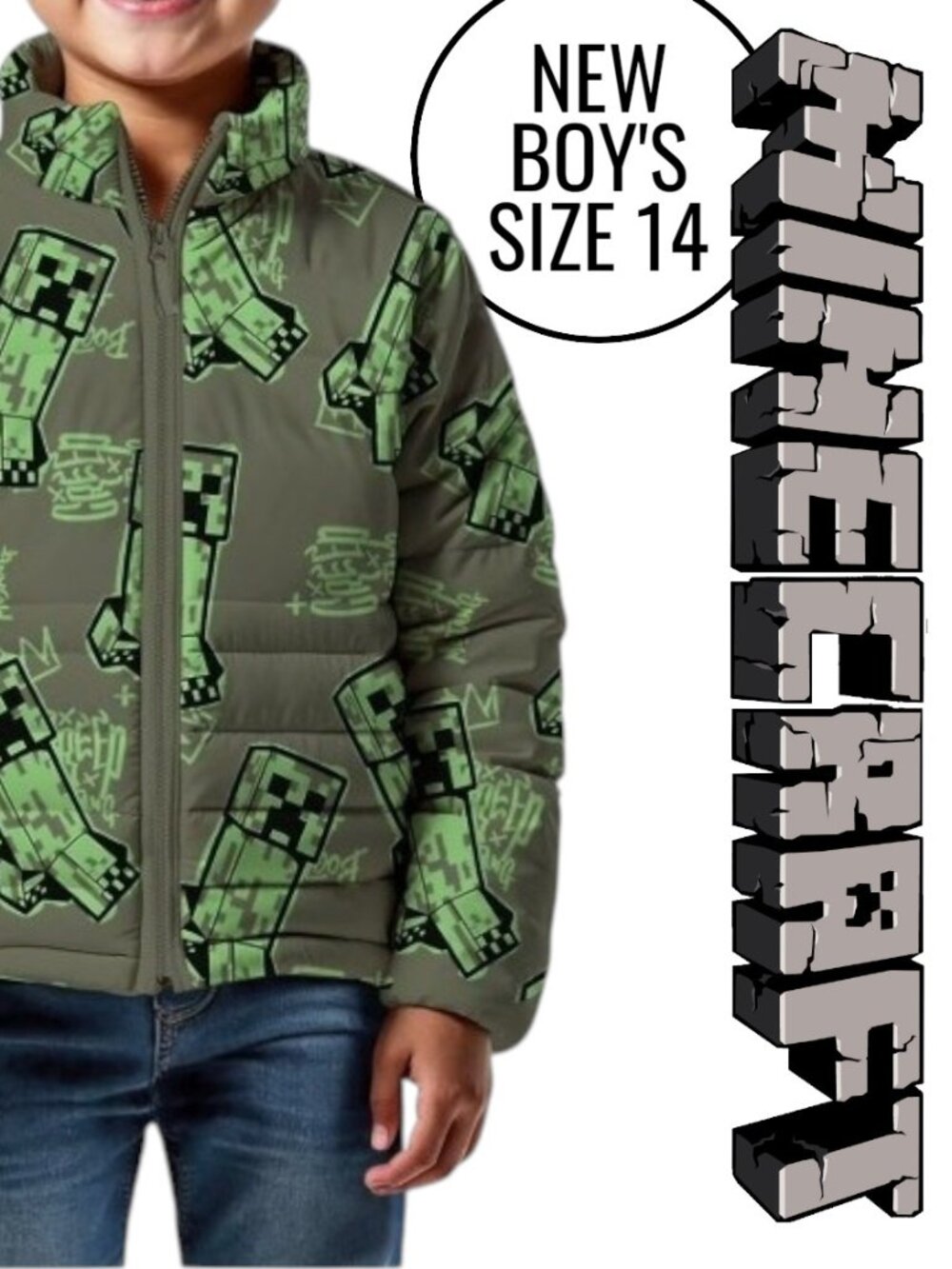 NEW Minecraft Boys Creeper Zip Puffer Jacket Lightweight Size 14 Zippered Size: